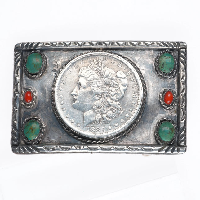 Vintage Navajo sterling silver, turquoise, coral 1883 silver dollar belt buckle