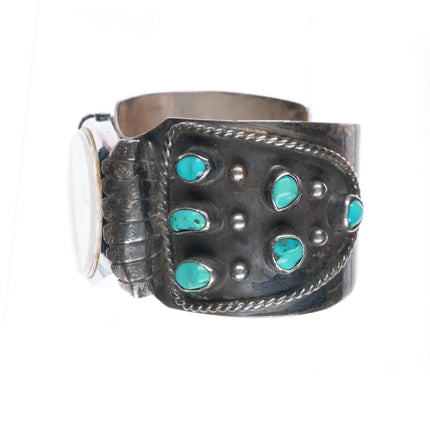 7.1" 1978 Navajo sterling silver turquoise cluster watch cuff bracelet