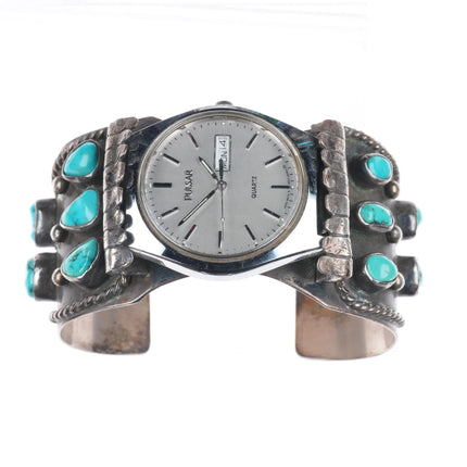 7.1" 1978 Navajo sterling silver turquoise cluster watch cuff bracelet
