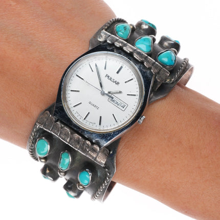 7.1" 1978 Navajo sterling silver turquoise cluster watch cuff bracelet