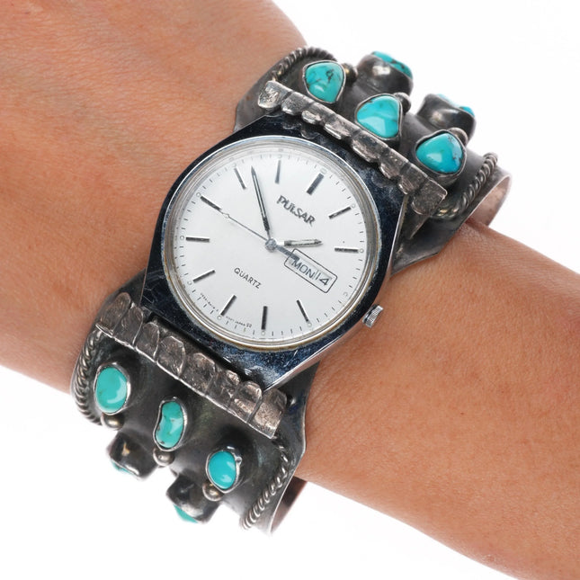 7.1" 1978 Navajo sterling silver turquoise cluster watch cuff bracelet