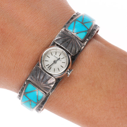 6" Vintage F.W. Zuni sterling silver channel inlay turquoise watch cuff bracelet