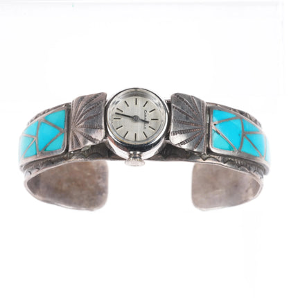 6" Vintage F.W. Zuni sterling silver channel inlay turquoise watch cuff bracelet