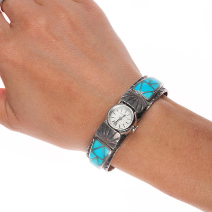 6" Vintage F.W. Zuni sterling silver channel inlay turquoise watch cuff bracelet