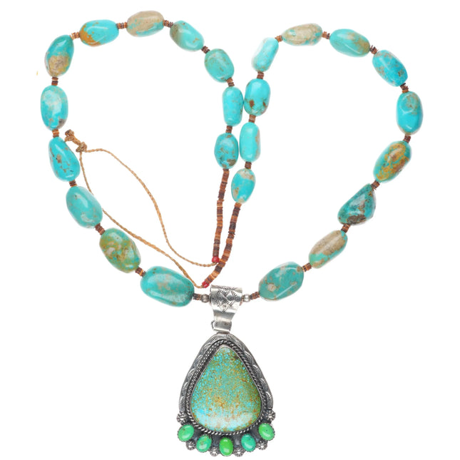 Vintage Native American sterling silver pendant/beaded necklace w/Nice turquoise