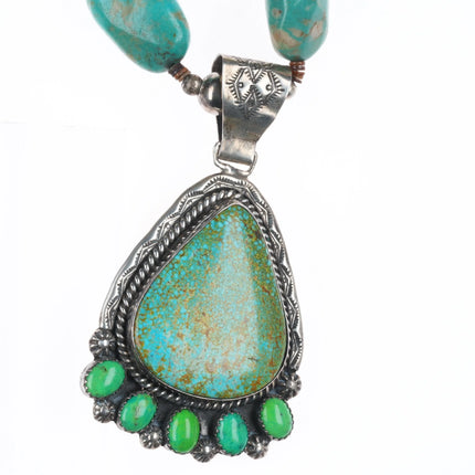 Vintage Native American sterling silver pendant/beaded necklace w/Nice turquoise