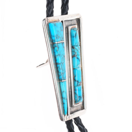 c1970 Navajo sterling silver turquoise inlay modernist bolo tie Gilbert Ortega