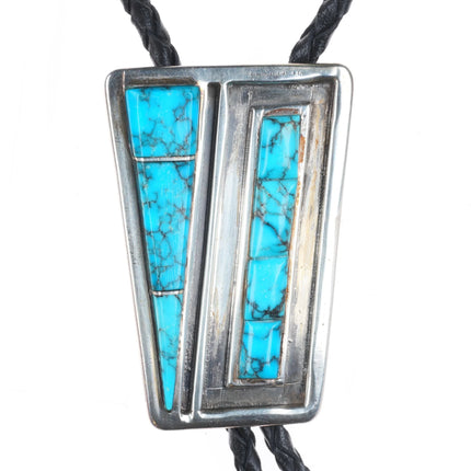 c1970 Navajo sterling silver turquoise inlay modernist bolo tie Gilbert Ortega