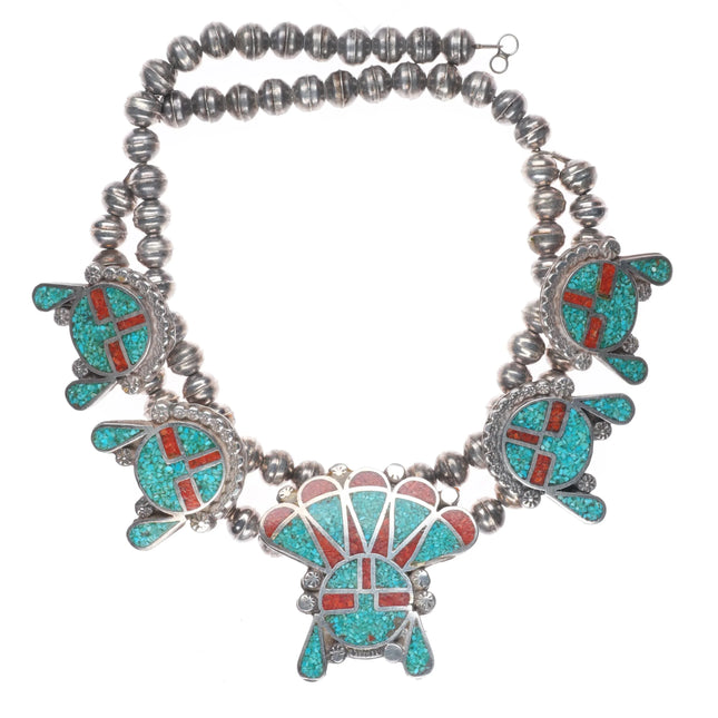 16.5" 1970's Navajo sterling silver chip inlay sunface squash blossom necklace
