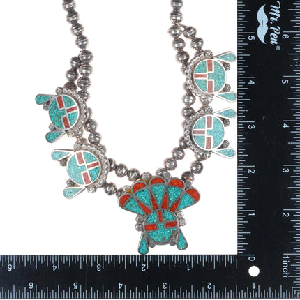 16.5" 1970's Navajo sterling silver chip inlay sunface squash blossom necklace