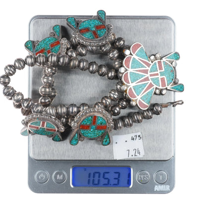 16.5" 1970's Navajo sterling silver chip inlay sunface squash blossom necklace