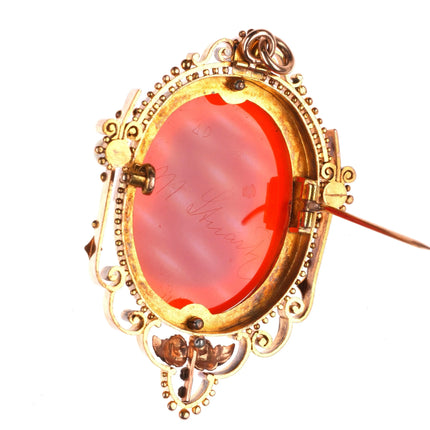 Antique 14k gold Signed Hardstone cameo Agate pendant/pin w/pearls Victorian