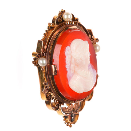 Antique 14k gold Signed Hardstone cameo Agate pendant/pin w/pearls Victorian