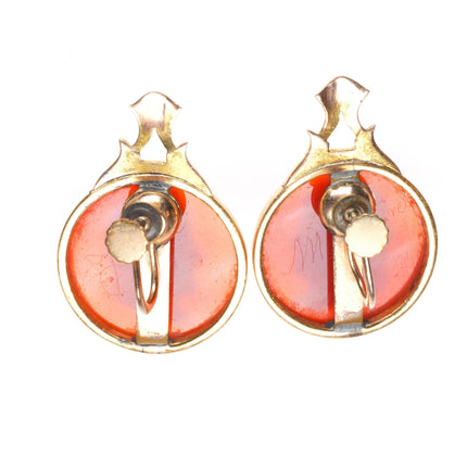 Antique 14k gold Signed Hardstone cameo Agate screw back earrings Victorian