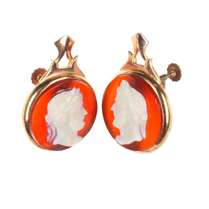Antique 14k gold Signed Hardstone cameo Agate screw back earrings Victorian