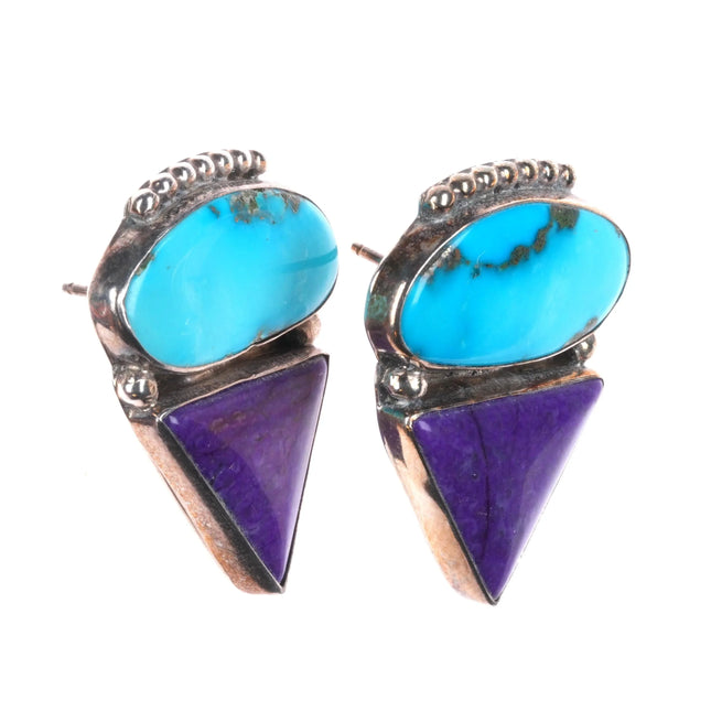 Vintage J Navajo sterling silver Sugilite, turquoise modernist earrings