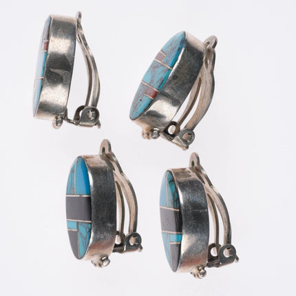 Edison Yazzie Navajo sterling silver multi-stone channel inlay clip-on earrings