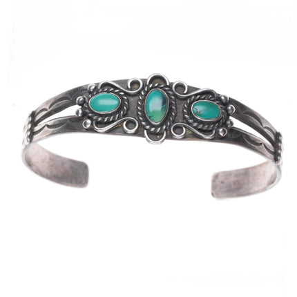 6.6" 30's-40's Navajo sterling silver green turquoise cuff bracelet 3 stone