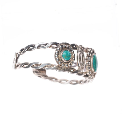 6.3" 1940's Navajo Sterling silver green turquoise 3 stone cuff bracelet