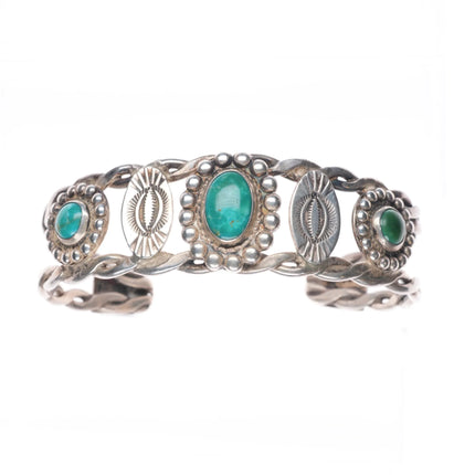 6.3" 1940's Navajo Sterling silver green turquoise 3 stone cuff bracelet