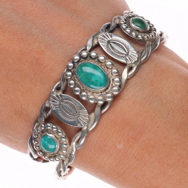 6.3" 1940's Navajo Sterling silver green turquoise 3 stone cuff bracelet