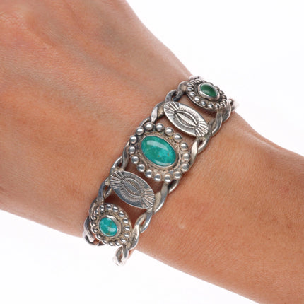 6.3" 1940's Navajo Sterling silver green turquoise 3 stone cuff bracelet