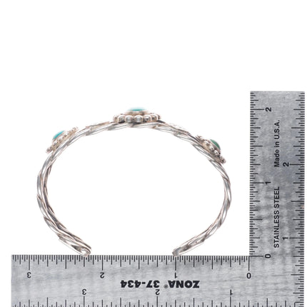 6.3" 1940's Navajo Sterling silver green turquoise 3 stone cuff bracelet