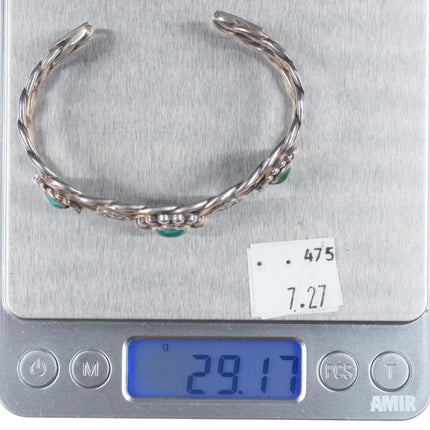 6.3" 1940's Navajo Sterling silver green turquoise 3 stone cuff bracelet