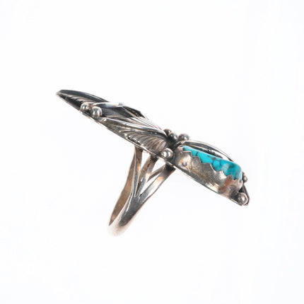 sz8 70's-80's DL Vintage Navajo sterling silver feather ring spiderweb turquoise