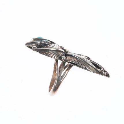 sz8 70's-80's DL Vintage Navajo sterling silver feather ring spiderweb turquoise