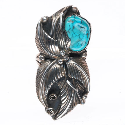 sz8 70's-80's DL Vintage Navajo sterling silver feather ring spiderweb turquoise