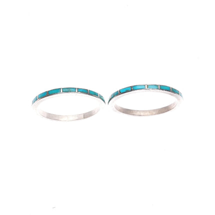 sz8 2 c1940's Zuni slim stacking turquoise channel inlay sterling silver rings