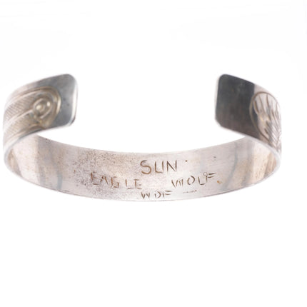 7" Vintage WDF Haida sterling silver Sun Eagle Wolf cuff bracelet hand carved
