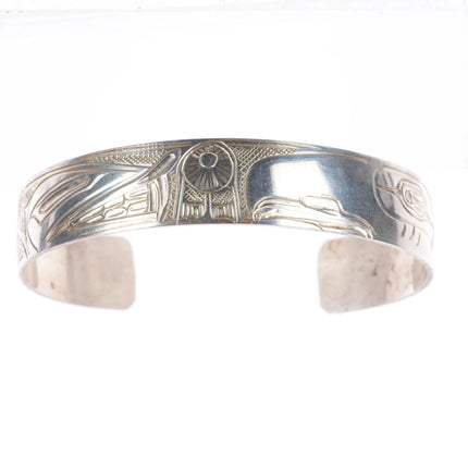 7" Vintage WDF Haida sterling silver Sun Eagle Wolf cuff bracelet hand carved