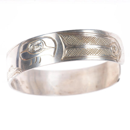 7" Vintage WDF Haida sterling silver Sun Eagle Wolf cuff bracelet hand carved