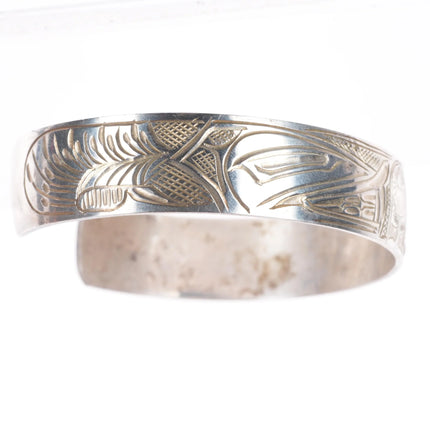 7" Vintage WDF Haida sterling silver Sun Eagle Wolf cuff bracelet hand carved