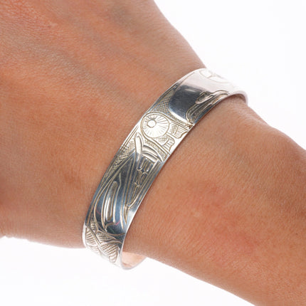 7" Vintage WDF Haida sterling silver Sun Eagle Wolf cuff bracelet hand carved
