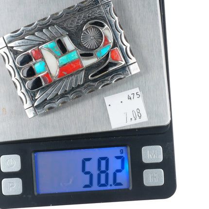 c1950's Zuni Sterling silver Channel inlay turquoise/coral/jet/shell belt buckle