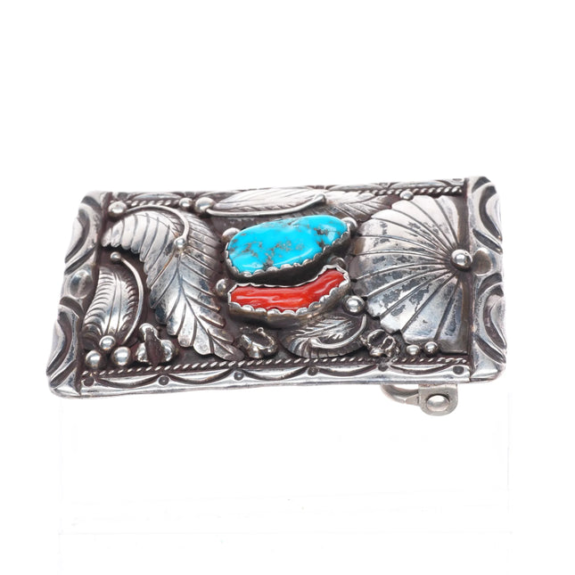 King Navajo sterling silver, turquoise/coral vintage belt buckle