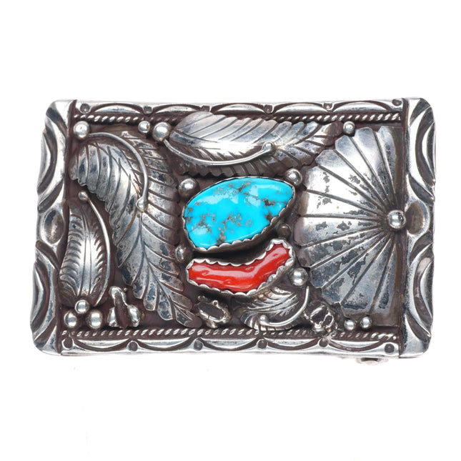 King Navajo sterling silver, turquoise/coral vintage belt buckle