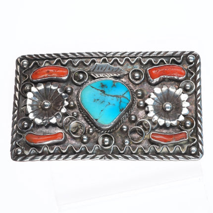 Big 1960's Navajo sterling silver, turquoise/coral belt buckle feathers/blossoms