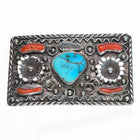Big 1960's Navajo sterling silver, turquoise/coral belt buckle feathers/blossoms