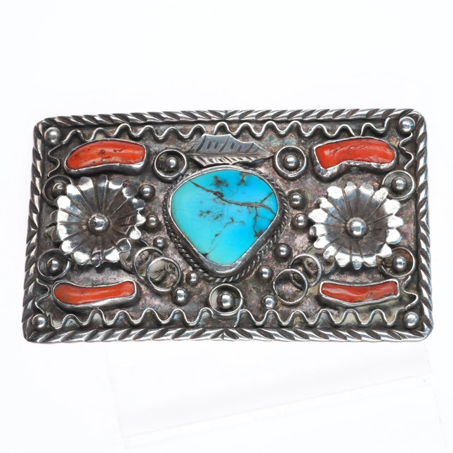 Big 1960's Navajo sterling silver, turquoise/coral belt buckle feathers/blossoms