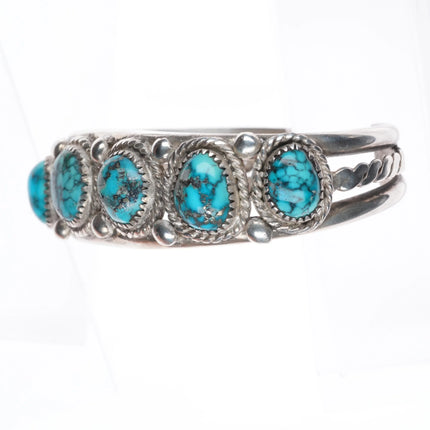 6.8" 1950's Morenci Spiderweb turquoise Navajo sterling silver row cuff bracelet