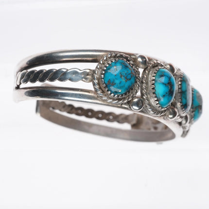 6.8" 1950's Morenci Spiderweb turquoise Navajo sterling silver row cuff bracelet