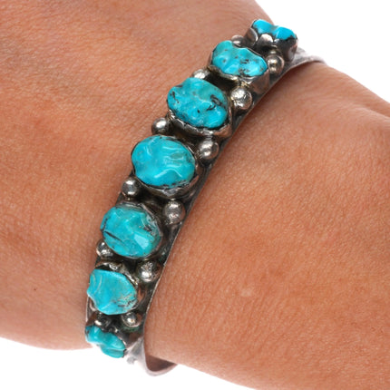 6.25" c1950 Zuni Carved turquoise row cuff bracelet sterling silver stamped side