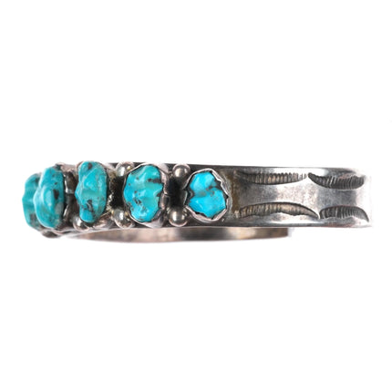 6.25" c1950 Zuni Carved turquoise row cuff bracelet sterling silver stamped side