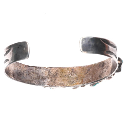 6.25" c1950 Zuni Carved turquoise row cuff bracelet sterling silver stamped side