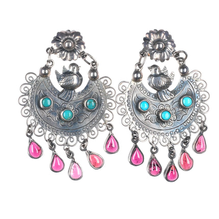 Federico Jimenez Sterling silver, turquoise, garnet Frida Kahlo style earrings