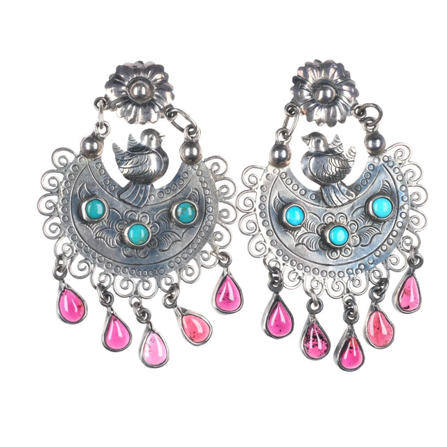 Federico Jimenez Sterling silver, turquoise, garnet Frida Kahlo style earrings